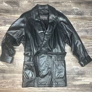 Wilsons Leather Jacket - Black Belted Coat - Medium Y2K Trench Style - GUC